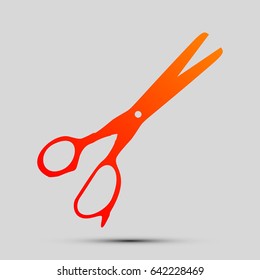 Scissors sign illustration. Vector. Orange, red-yellow icon with shadow on gray background.