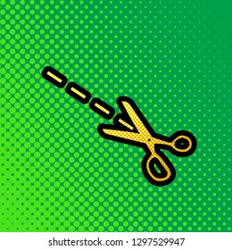 Scissors sign illustration. Vector. Pop art orange to yellow dots-gradient icon with black contour at greenish background.