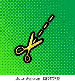 Scissors sign illustration. Vector. Pop art orange to yellow dots-gradient icon with black contour at greenish background.