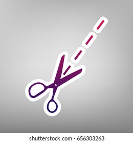 Scissors sign illustration. Vector. Purple gradient icon on white paper at gray background.