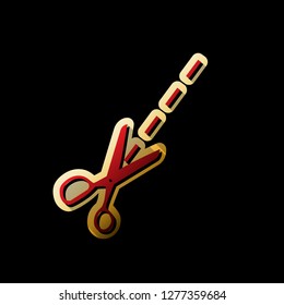 Scissors sign illustration. Vector. Red icon with small black and limitless shadows at golden sticker on black background.