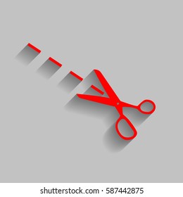 Scissors sign illustration. Vector. Red icon with soft shadow on gray background.