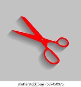 Scissors sign illustration. Vector. Red icon with soft shadow on gray background.