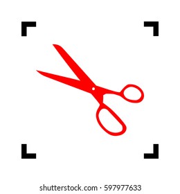 Scissors sign illustration. Vector. Red icon inside black focus corners on white background. Isolated.