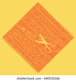 Scissors sign illustration. Vector. Red scribble icon obtained as a result of subtraction rhomb and path. Royal yellow background.