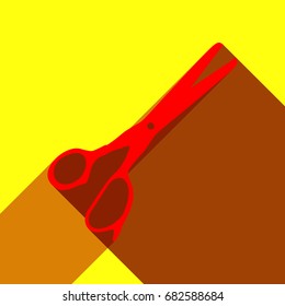 Scissors sign illustration. Vector. Red icon with two flat reddish shadows on yellow background.