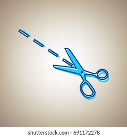 Scissors sign illustration. Vector. Sky blue icon with blue contour on beige background.