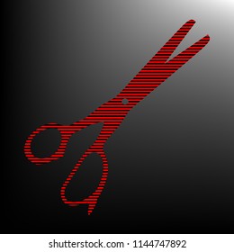 Scissors sign illustration. Vector. Striped red and black icon at gradient blackish background. Zebra.
