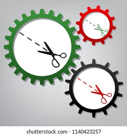 Scissors sign illustration. Vector. Three connected gears with icons at grayish background.