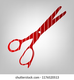 Scissors sign illustration. Vector. Vertically divided icon with colors from reddish gradient in gray background with light in center.