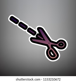 Scissors sign illustration. Vector. Violet gradient icon with black and white linear edges at gray background.