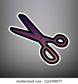Scissors sign illustration. Vector. Violet gradient icon with black and white linear edges at gray background.