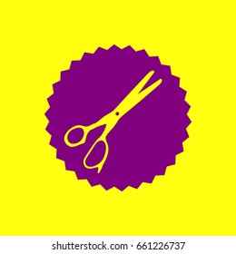 Scissors sign illustration. Vector. Violet label with hole as icon on yellow background.