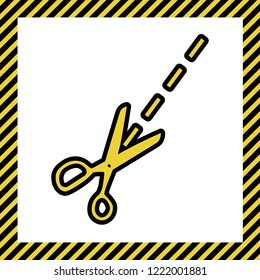 Scissors sign illustration. Vector. Warm yellow icon with black contour in frame named as under construction at white background. Isolated.