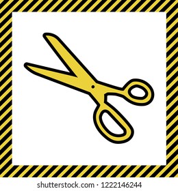 Scissors sign illustration. Vector. Warm yellow icon with black contour in frame named as under construction at white background. Isolated.