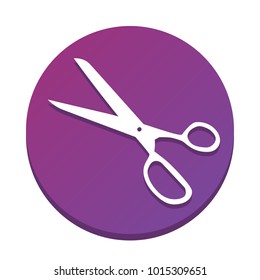 Scissors sign illustration. Vector. White icon with flat shadow on purpureus circle at white background. Isolated.
