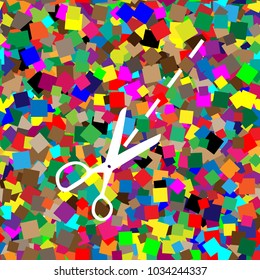 Scissors sign illustration. Vector. White icon on colorful background with seamless pattern from squares.