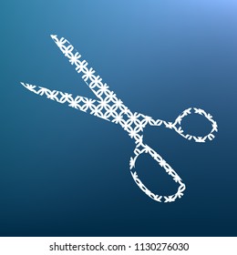 Scissors sign illustration. Vector. White textured icon at lapis lazuli gradient background.