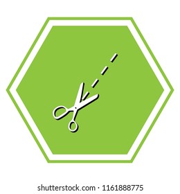 Scissors sign illustration. Vector. White icon with black shadow at yellow green honeycomb on white background.