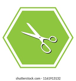 Scissors sign illustration. Vector. White icon with black shadow at yellow green honeycomb on white background.