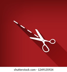 Scissors sign illustration. Vector. White icon with limitless shadow at ruby red background.