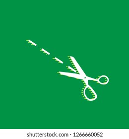 Scissors sign illustration. Vector. White flat icon with yellow striped shadow at green background.