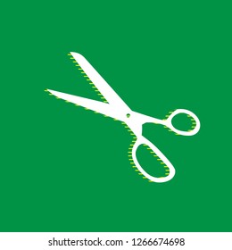 Scissors sign illustration. Vector. White flat icon with yellow striped shadow at green background.