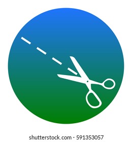 Scissors sign illustration. Vector. White icon in bluish circle on white background. Isolated.