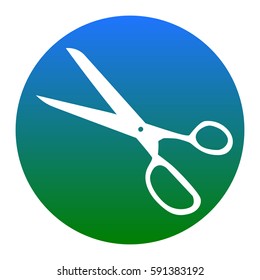 Scissors sign illustration. Vector. White icon in bluish circle on white background. Isolated.
