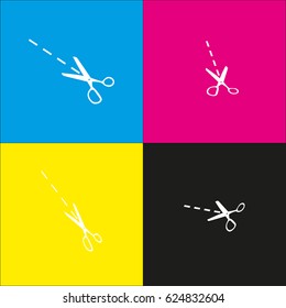 Scissors sign illustration. Vector. White icon with isometric projections on cyan, magenta, yellow and black backgrounds.