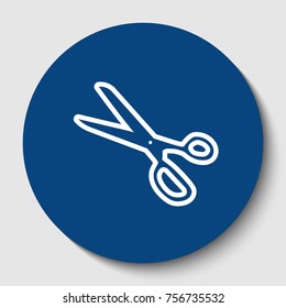 Scissors sign illustration. Vector. White contour icon in dark cerulean circle at white background. Isolated.