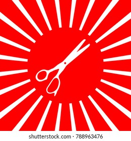 Scissors sign illustration. Vector. White icon on red sun with rays as background. Isolated.