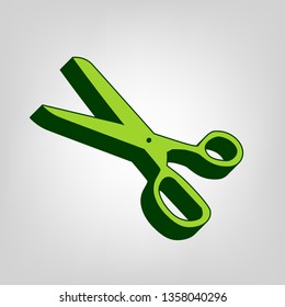 Scissors sign illustration. Vector. Yellow green solid icon with dark green external body at light colored background.