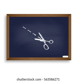 Scissors sign illustration. White chalk icon on blue school board with shadow as background. Isolated.