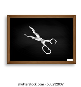 Scissors sign illustration. White chalk icon on black school boa