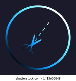 Scissors sign illustration. White, cyan and blue gradient icon as round button in white shell at dark blue background. Illustration.