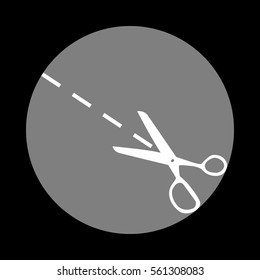 Scissors sign illustration. White icon in gray circle at black background. Circumscribed circle. Circumcircle.