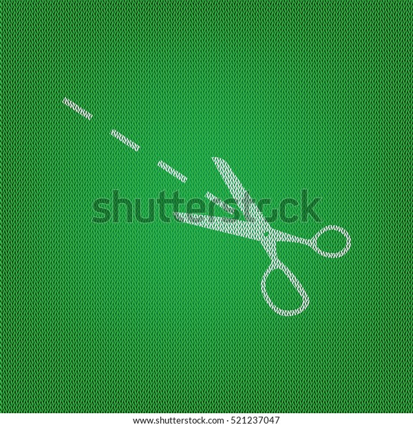 Scissors sign illustration. white icon on the\
green knitwear or woolen cloth\
texture.