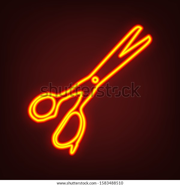 Scissors sign\
illustration. Yellow, orange, red neon icon at dark reddish\
background. Illumination.\
Illustration.