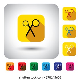 scissors sign on button - flat design vector icon. This long shadows graphic symbol also represents tailoring tool, stationery item, etc