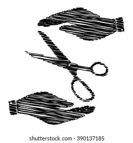 Scissors sign. Save or protect symbol by hands with scribble effect.