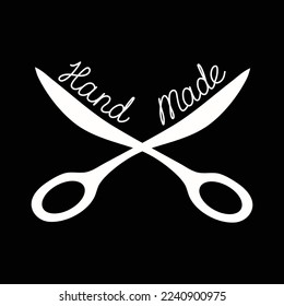 Scissors sign, Sewing logo. Drawing text by hand. Handicraft, hobby. Tailor scissors, logo design. Sewing, needlework. Vector illustration.