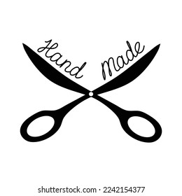 Scissors sign, Sewing logo. Drawing text by hand. Handicraft, hobby. Tailor scissors, logo design. Sewing, needlework. Vector illustration.