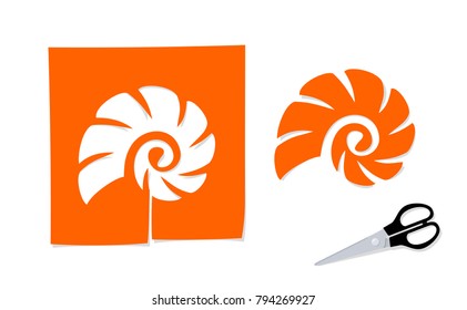 Scissors and the silhouette of cockle shell cut out from paper