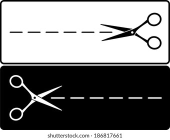 scissors silhouette with cut lines on black and white background