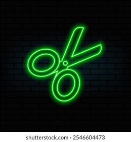 Scissors, simple icon or logo. green neon style on black background. Light linear icon with editable stroke.