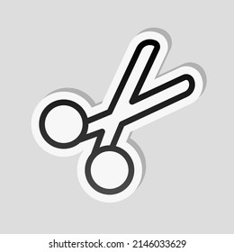 Scissors, simple icon or logo. Linear sticker, white border and simple shadow on gray background