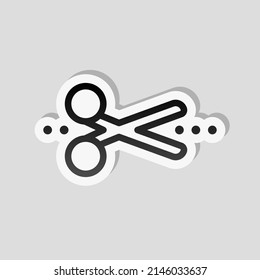 Scissors, simple icon or logo. Linear sticker, white border and simple shadow on gray background
