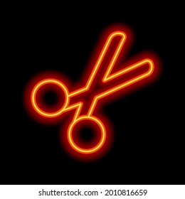 Scissors, simple icon or logo. Orange neon style on black background. Light linear icon with editable stroke