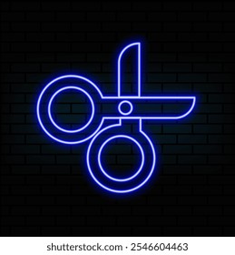 Scissors, simple icon or logo. Orange neon style on black background. Light linear icon with editable stroke.